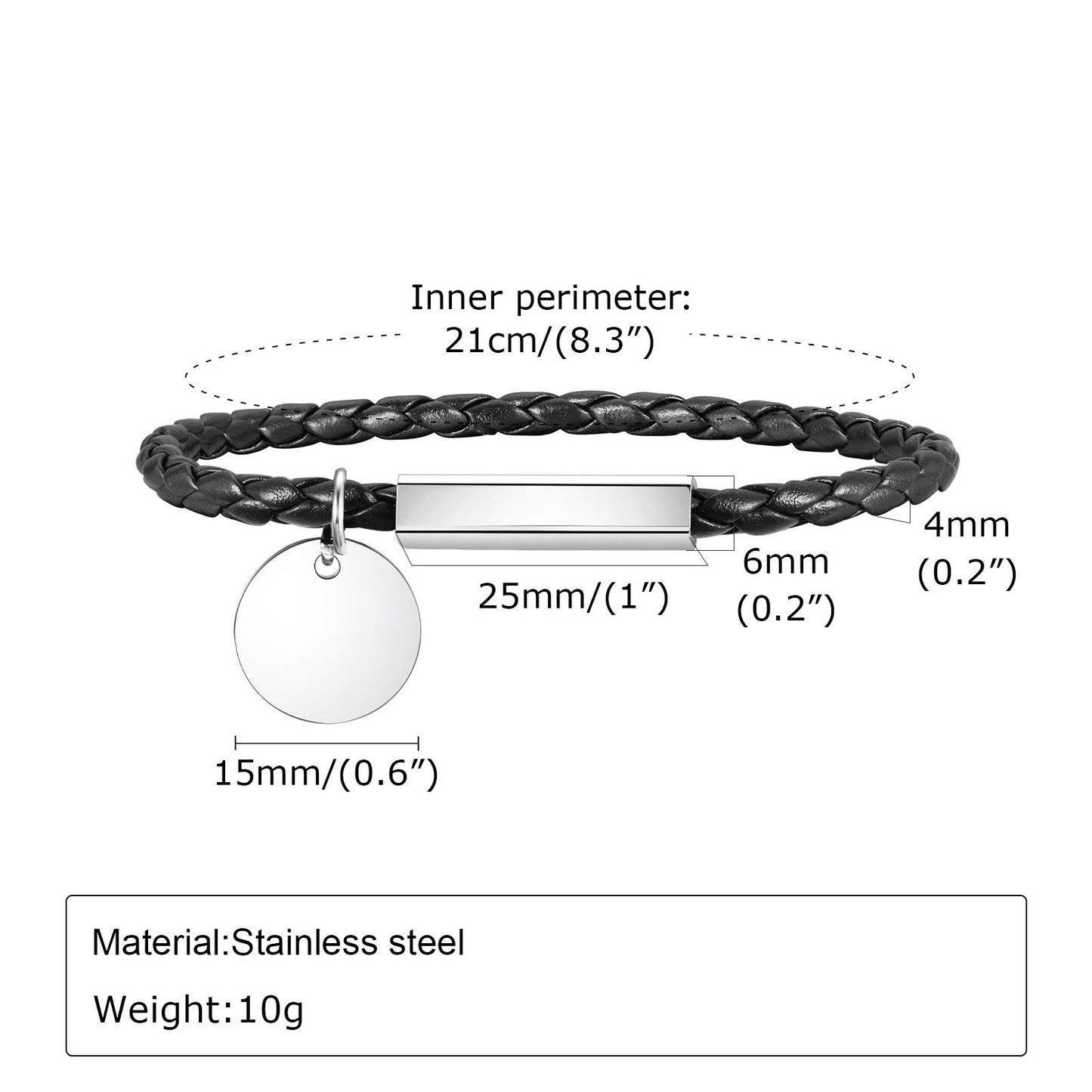 4mm Stainless Steel Round Charm Leather Rope Bracelet