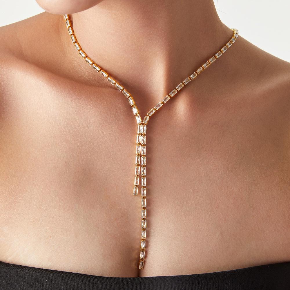 Stainless Steel Lariat Cubic Zirconia Necklace