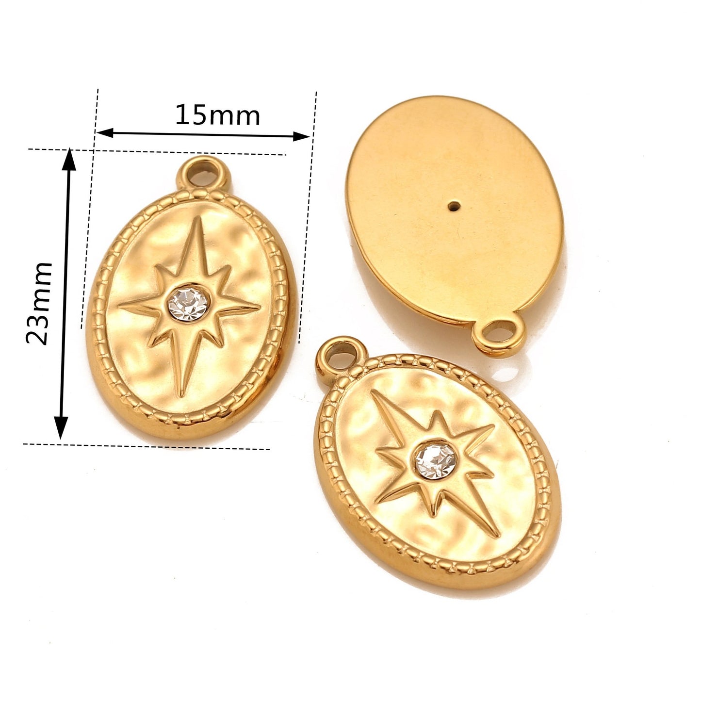 Pendentif étoile à huit branches ovale en acier inoxydable et oxyde de zirconium