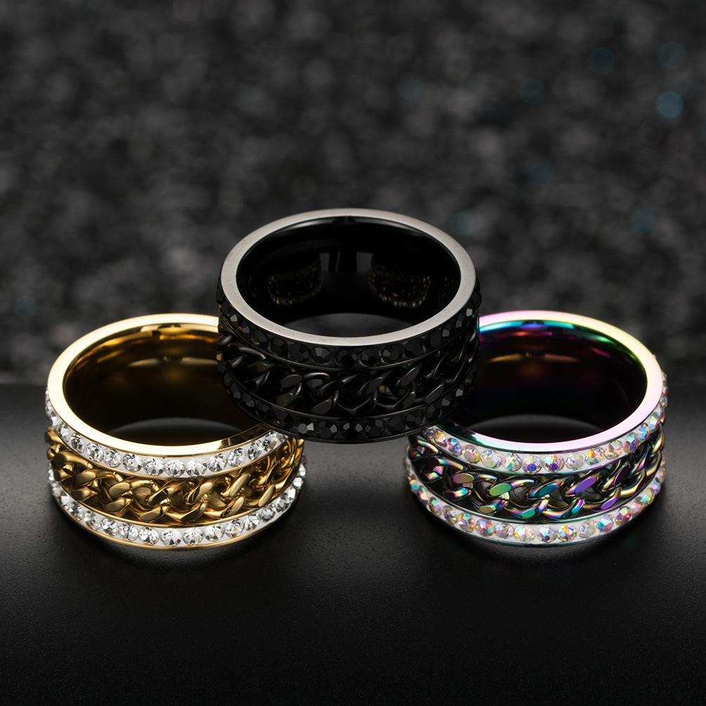 Stainless Steel Chain Spinner Ring with Rhinestones On Both Sides