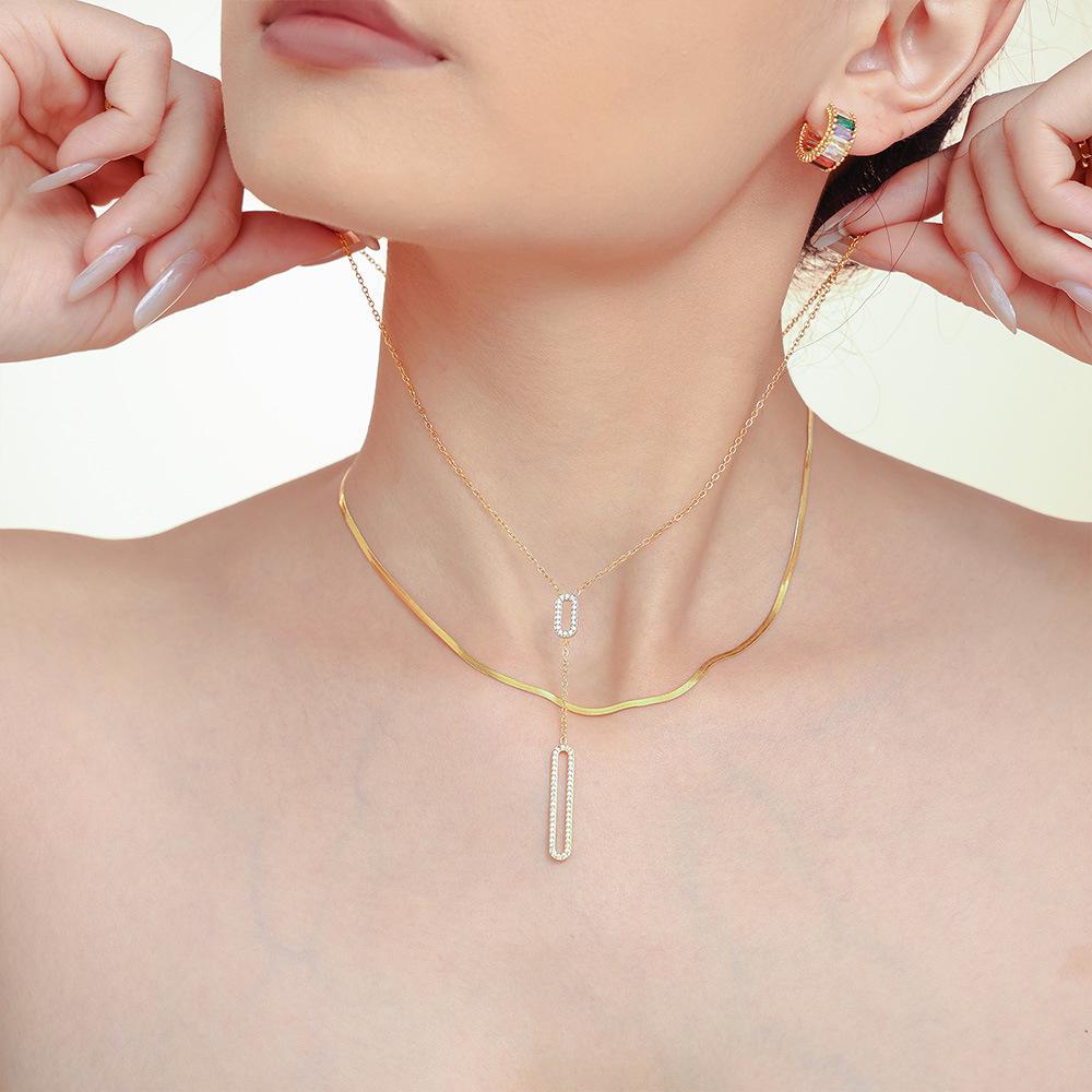 Hollow Rectangular Cubic Zirconia Layered Necklace