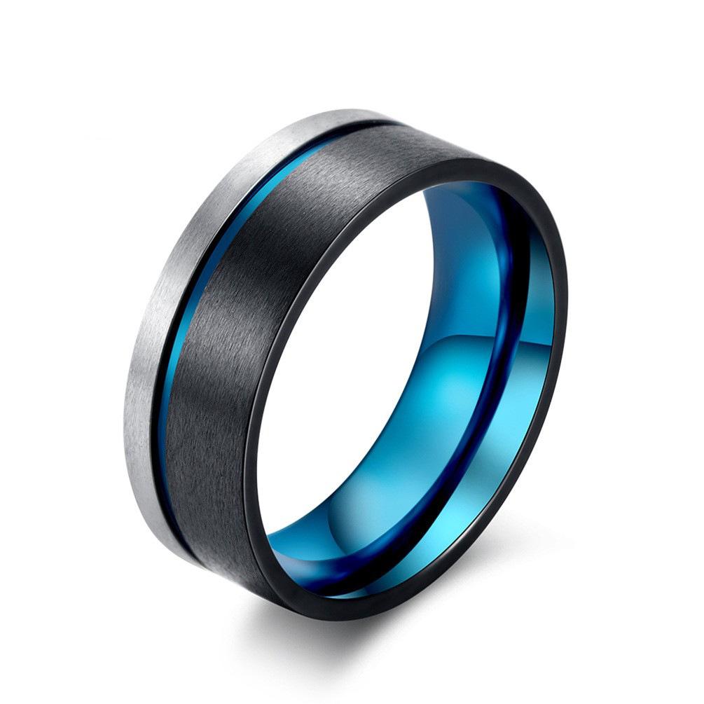 Bague pour homme en acier inoxydable bicolore noir et bleu