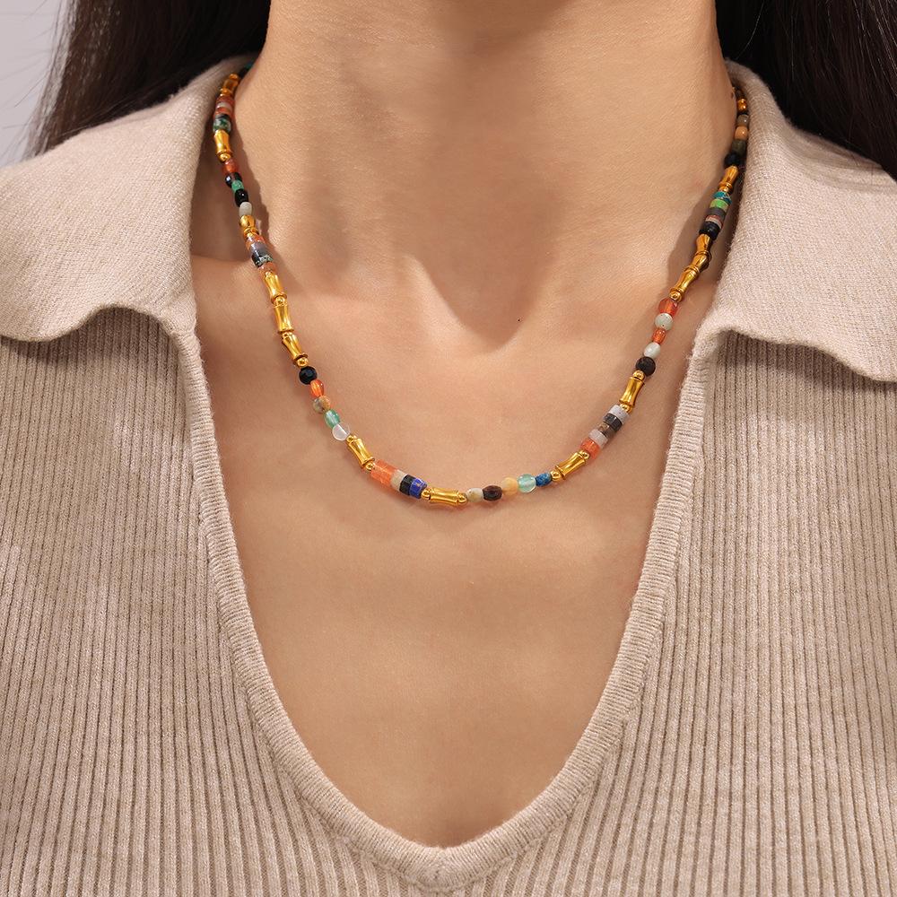 Stainless Steel Rainbow Natural Stone Beaded Necklace