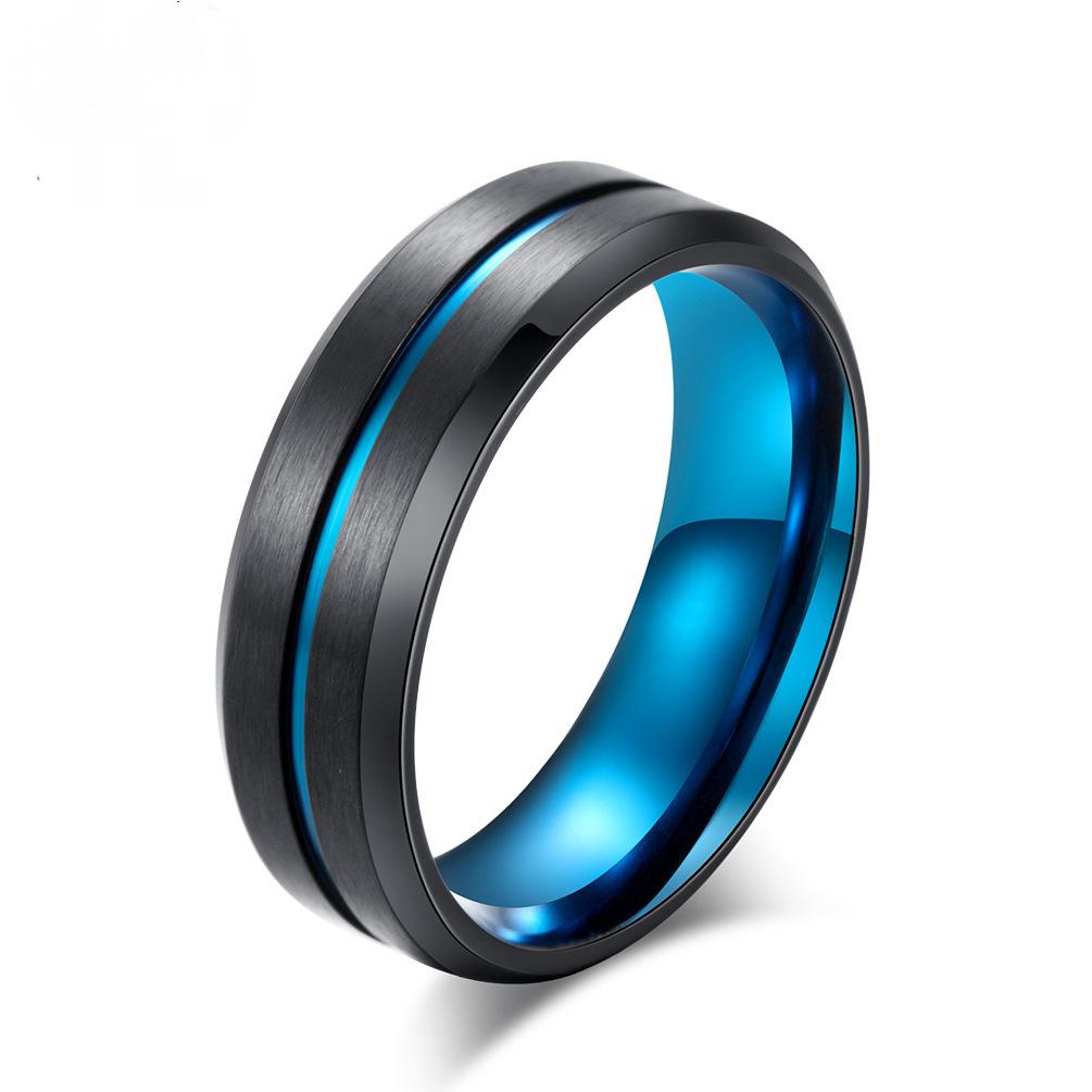 Blue Center Brushed Two-Tone Stainless Steel Ring