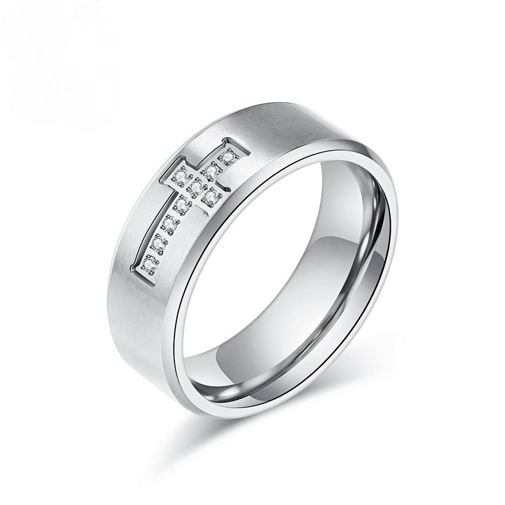 Polished Cubic Zirconia Cross Stainless Steel Ring