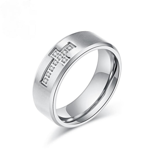 Polished Cubic Zirconia Cross Stainless Steel Ring