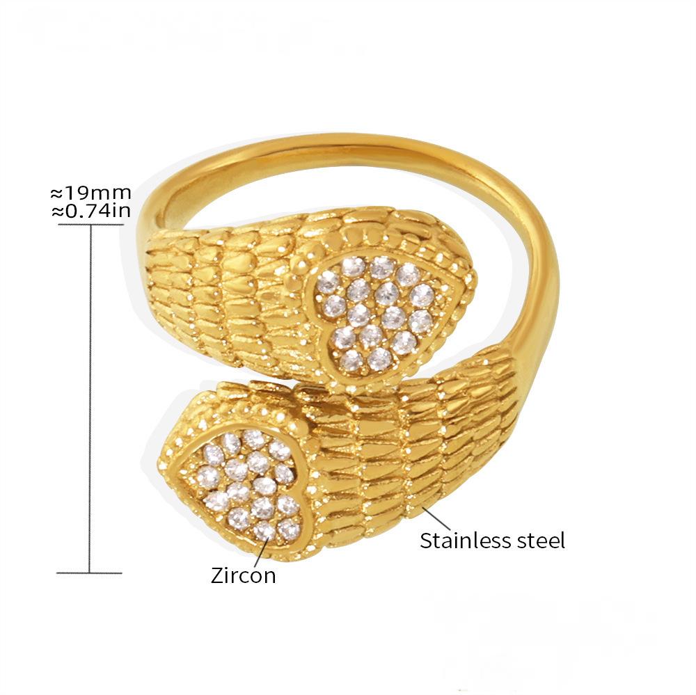 Stainless Steel Snake Pattern Double Heart Cubic Zirconia Cuff Ring
