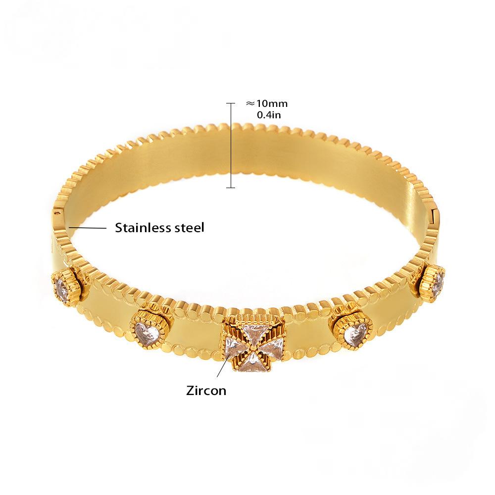 Stainless Steel Four Leaf Flower Cubic Zirconia Bangle Bracelet