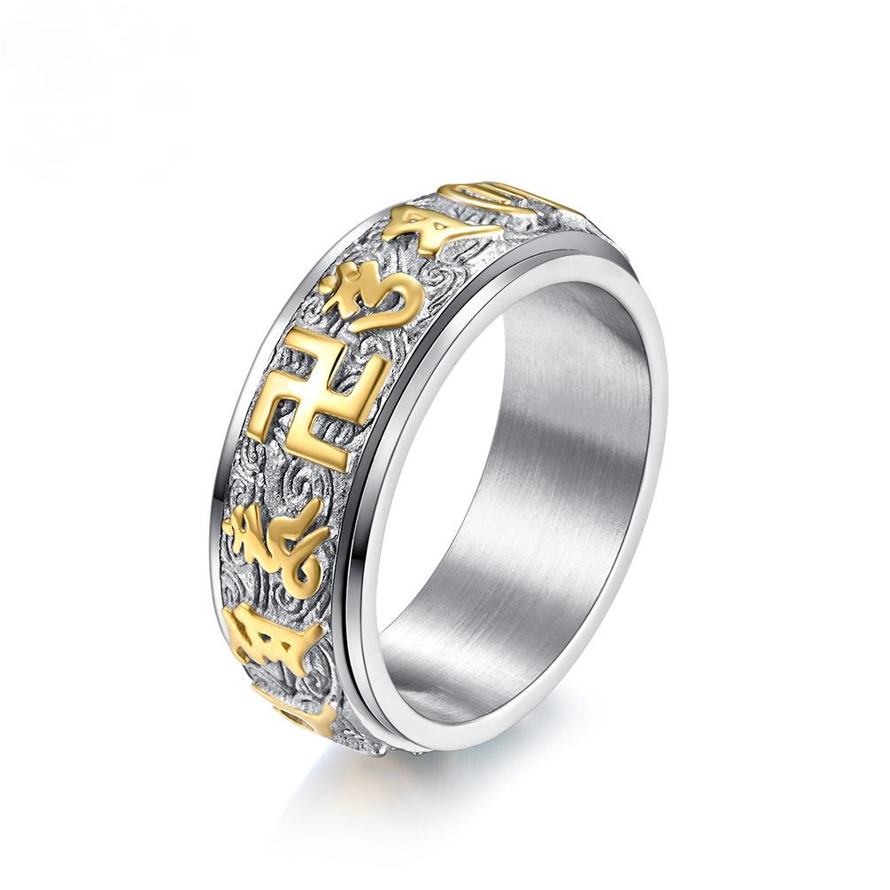 Bague tournante en acier inoxydable avec motif de nuage porte-bonheur et écritures bouddhistes