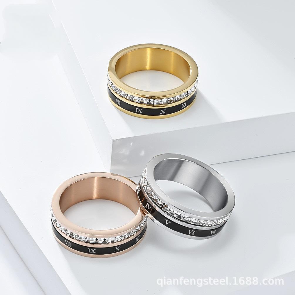 Roman Numeral Spinner Stainless Steel Ring with Square Cubic Zirconia