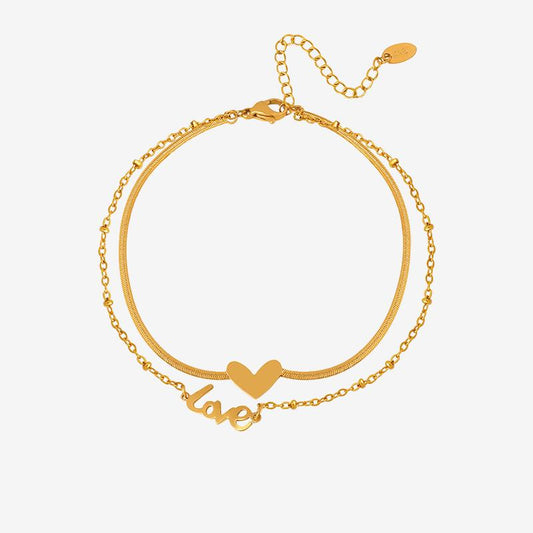 Golden Letter Heart Chain Double Layer Stainless Steel Anklet