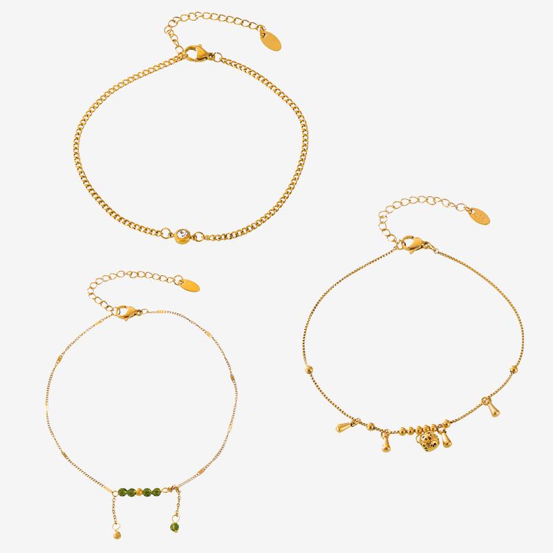 Hollow Bell Green Crystal Stainless Steel Anklet