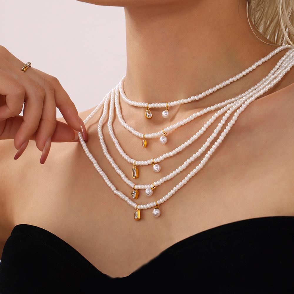 Cubic Zirconia Pendant Imitation Pearl Chain Necklace