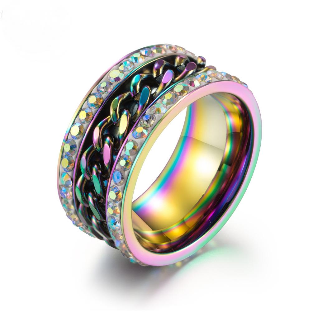Stainless Steel Chain Spinner Ring with Rhinestones On Both Sides