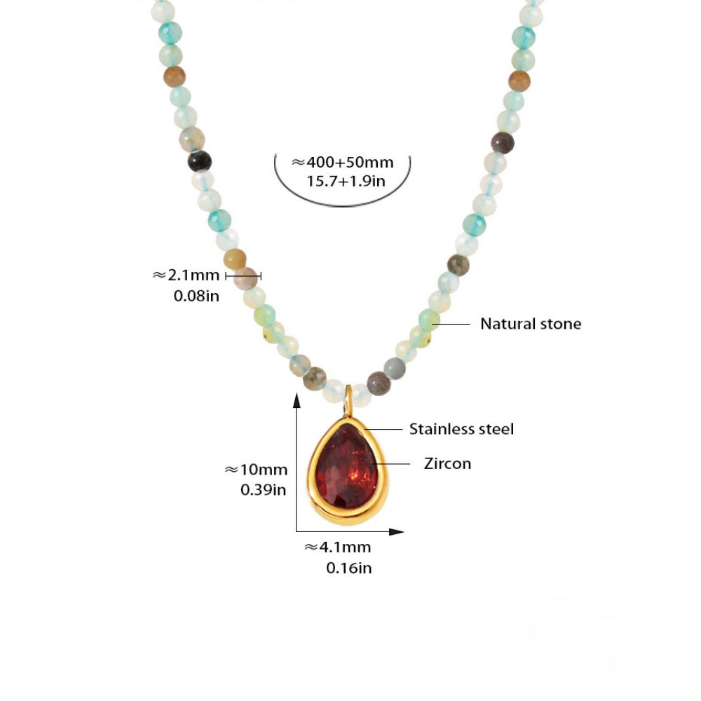 Stainless Steel Water Drop CZ Pendant Beaded Necklace