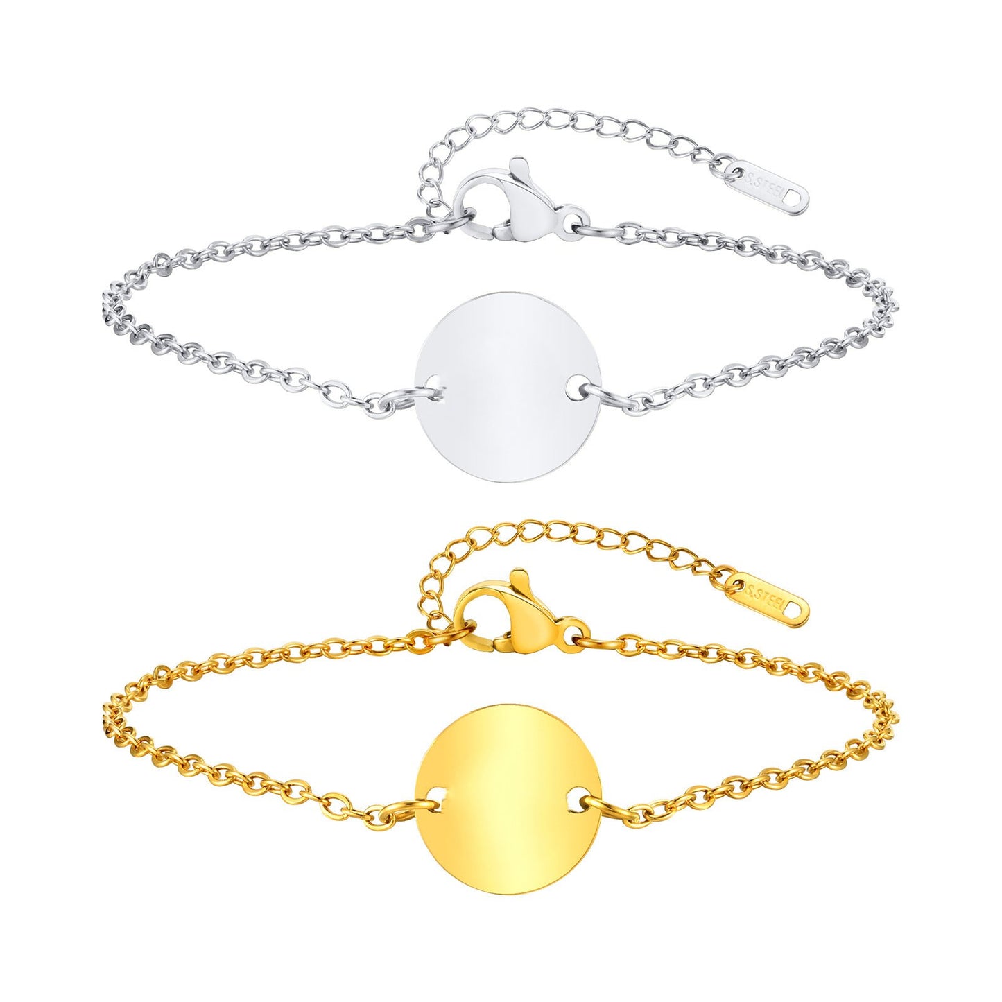 Bracelet à breloques en forme de disque rond en acier inoxydable