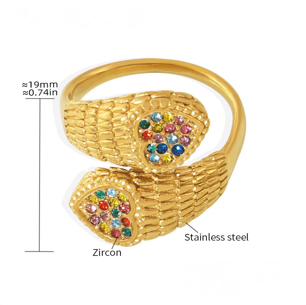 Stainless Steel Snake Pattern Double Heart Cubic Zirconia Cuff Ring
