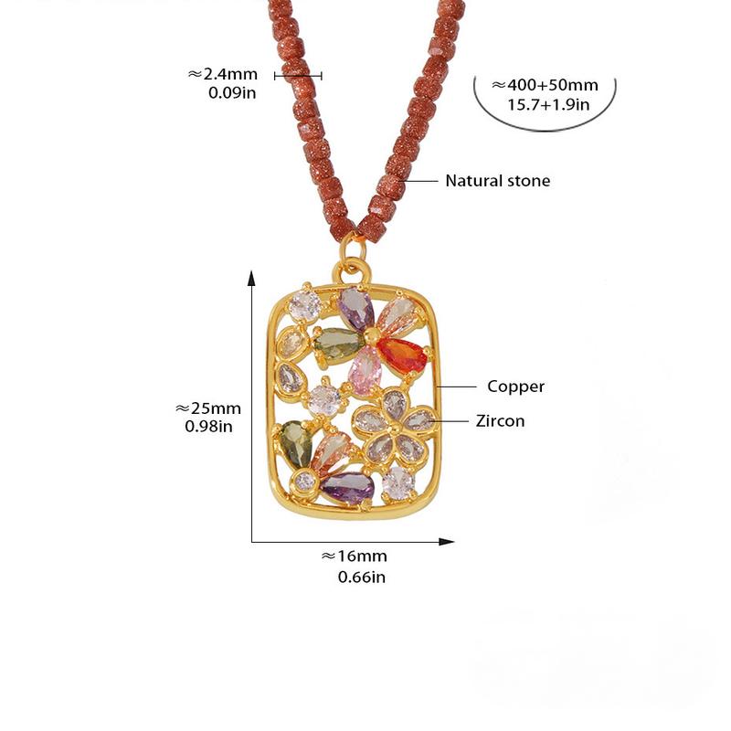 Brass Material Flower Pendant Square Beaded Necklace