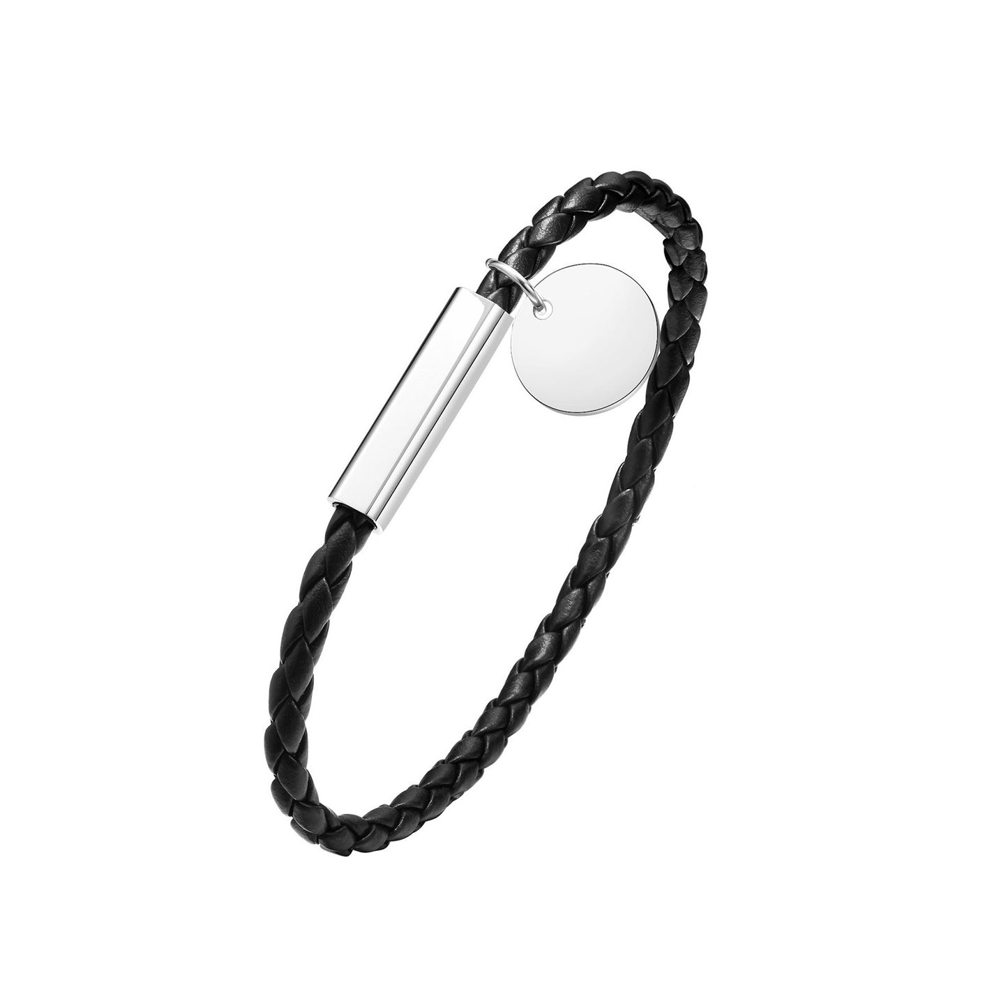 4mm Stainless Steel Round Charm Leather Rope Bracelet