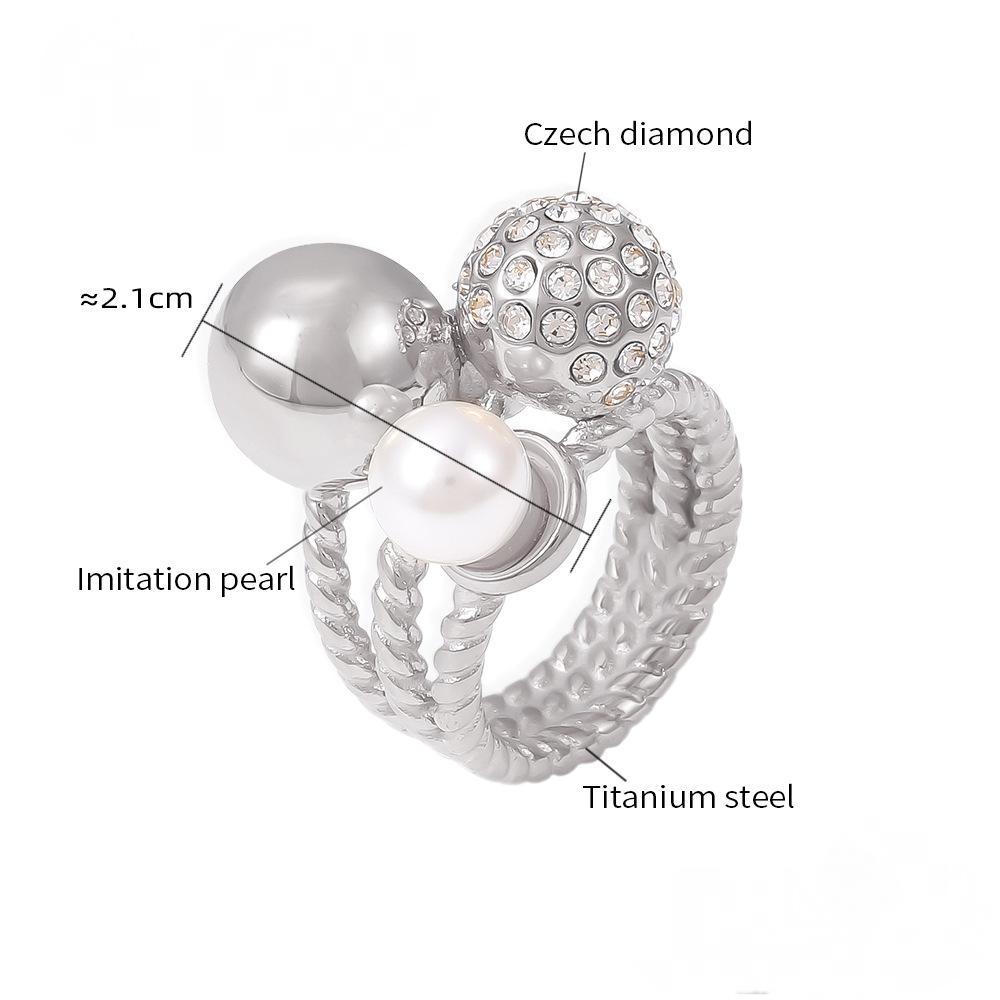Stainless Steel Ball Inlay CZ Imitation Pearl Ring