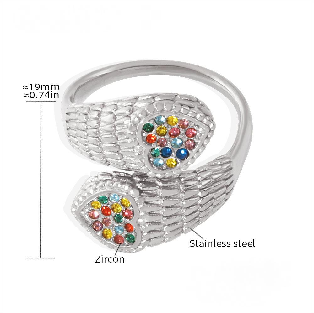 Stainless Steel Snake Pattern Double Heart Cubic Zirconia Cuff Ring