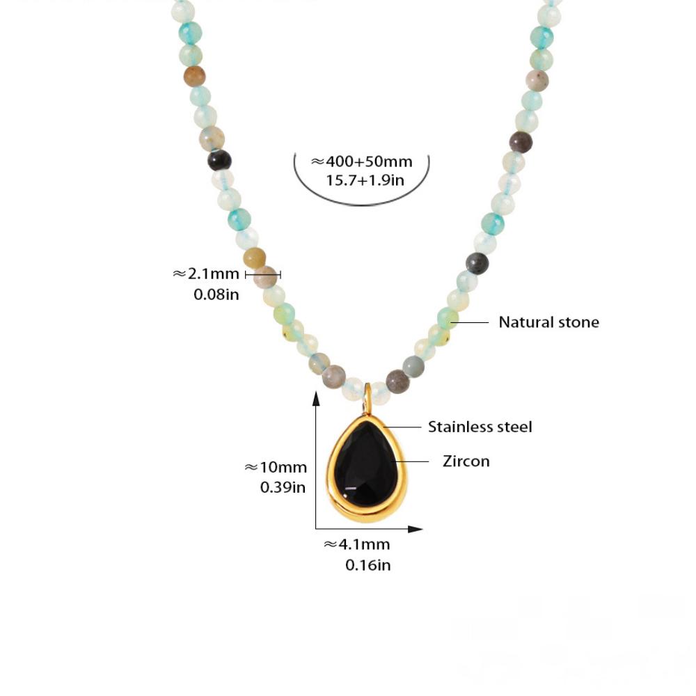 Stainless Steel Water Drop CZ Pendant Beaded Necklace