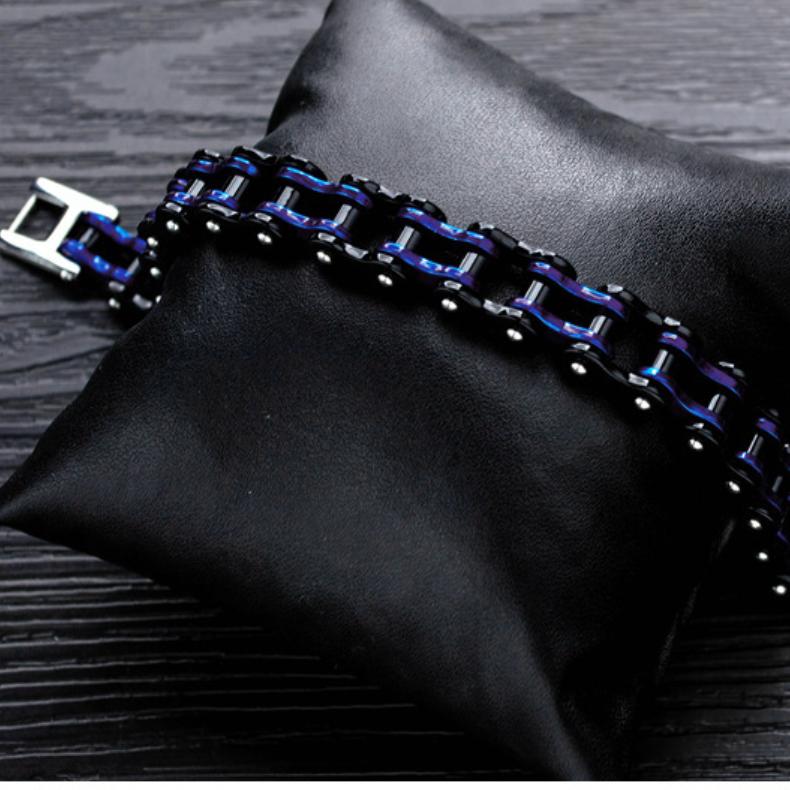 Stainless Steel 18K Gold PVD and Blue Bike Chain Bracelet