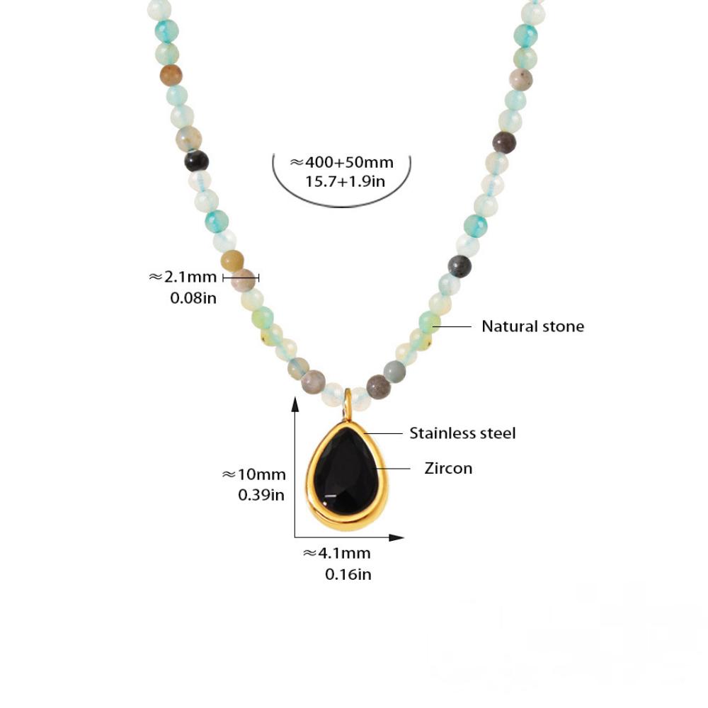 Stainless Steel Water Drop CZ Pendant Beaded Necklace