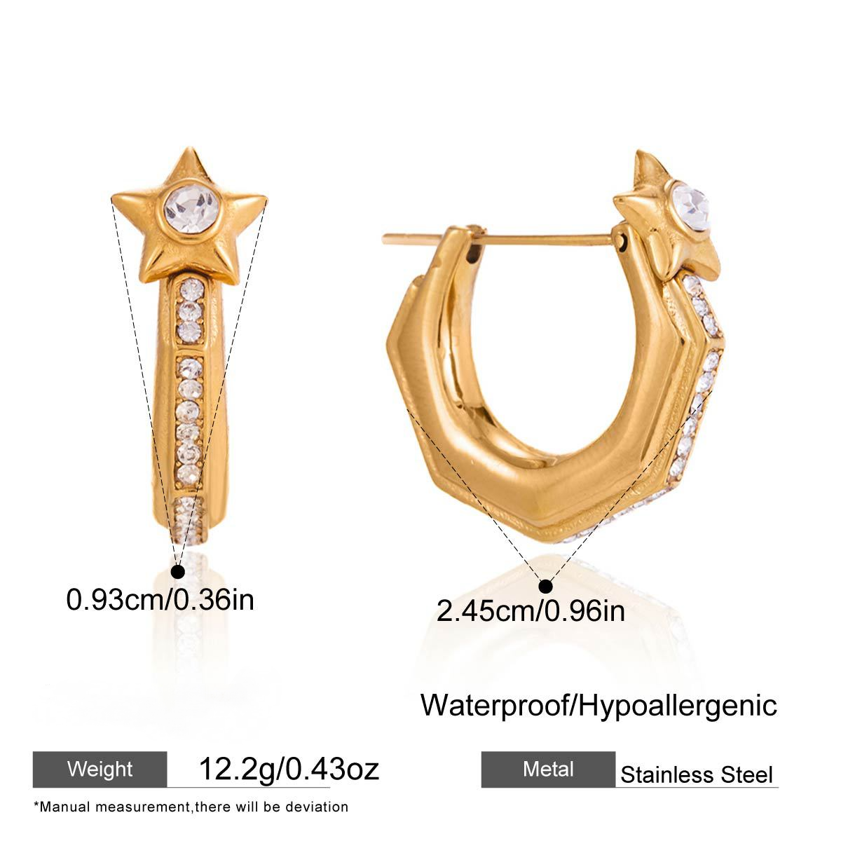 Stainless Steel Rhinestone Five-pointed Star U-shaped Earrings