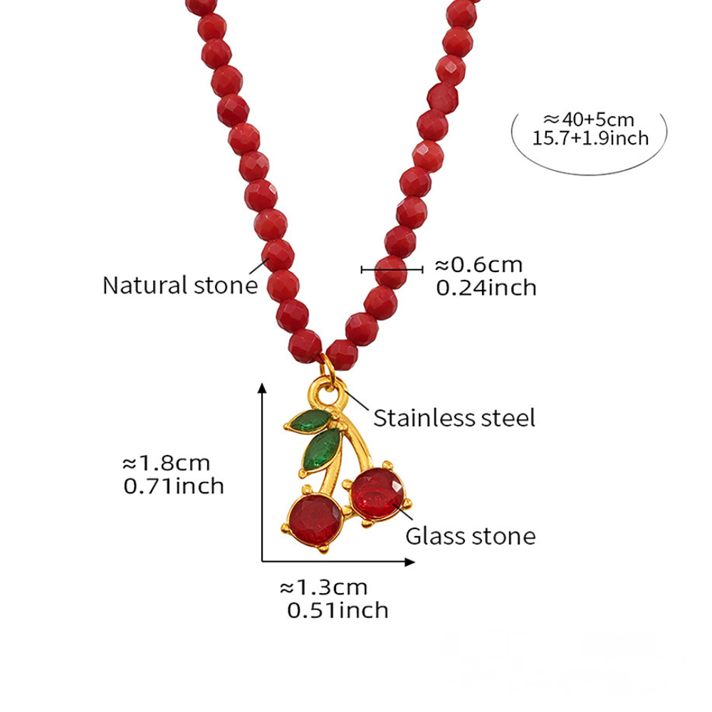 Stainless Steel Cherry Glass Stone Necklace Earrings Jewelry Suit
