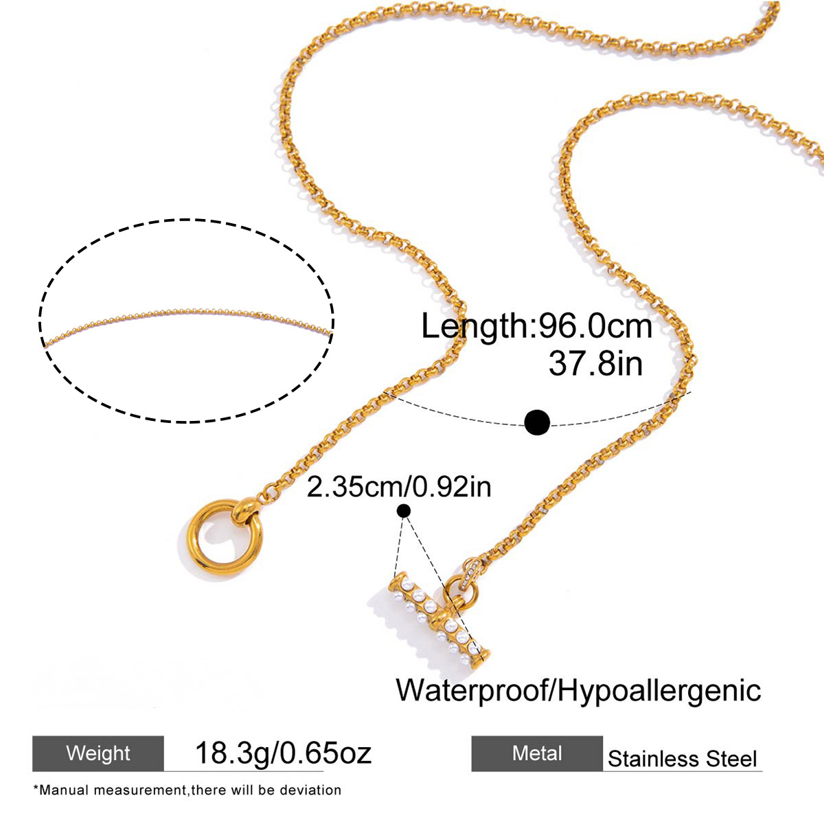 Stainless Steel Acrylic Pearl T-bar Cable Chain OT Clasp Necklace