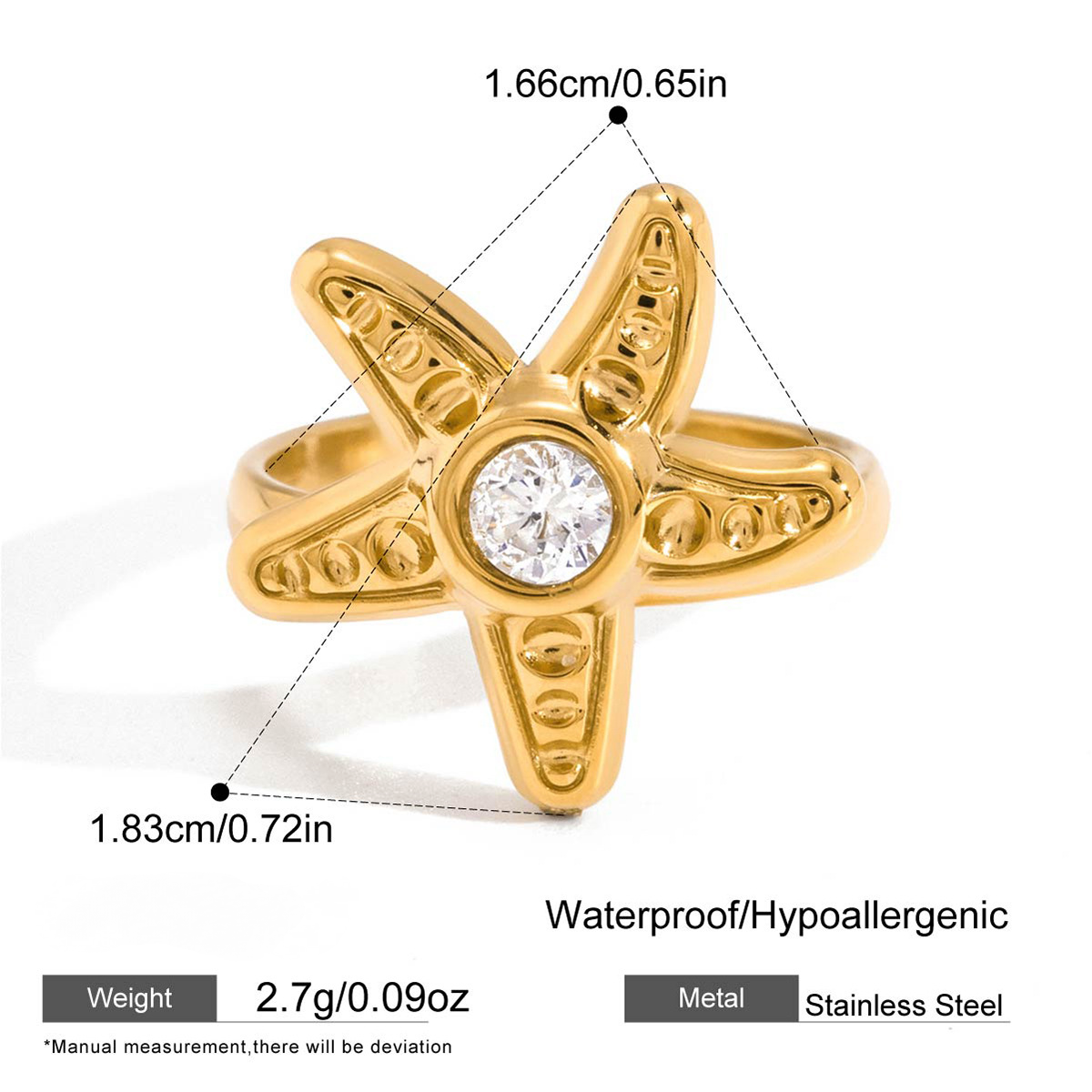 Stainless Steel White Cubic Zirconia Starfish Open Ring