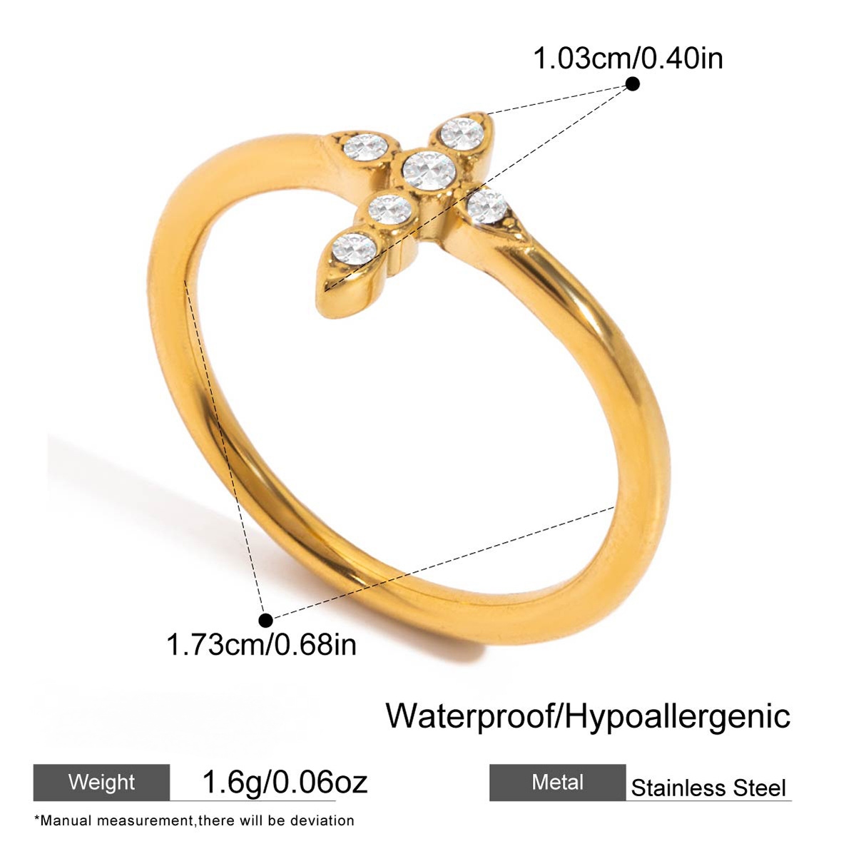 Stainless Steel 18K Gold PVD Cross Cubic Zirconia Ring