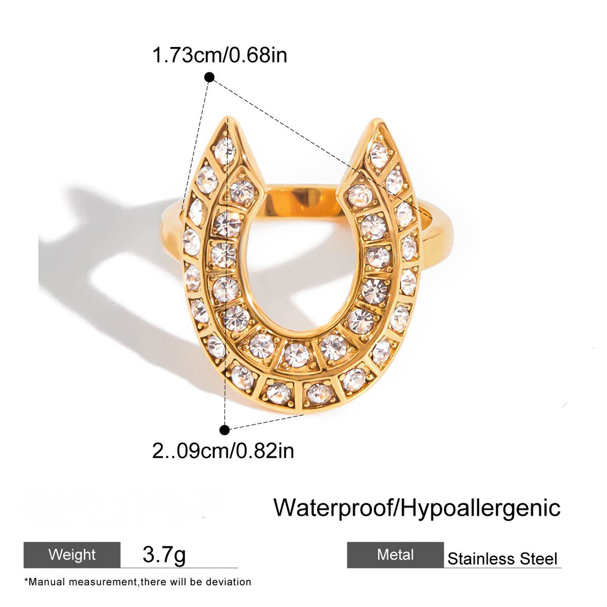 Stainless Steel 18K Gold PVD White Rhinestone Horseshoe-shaped Ring