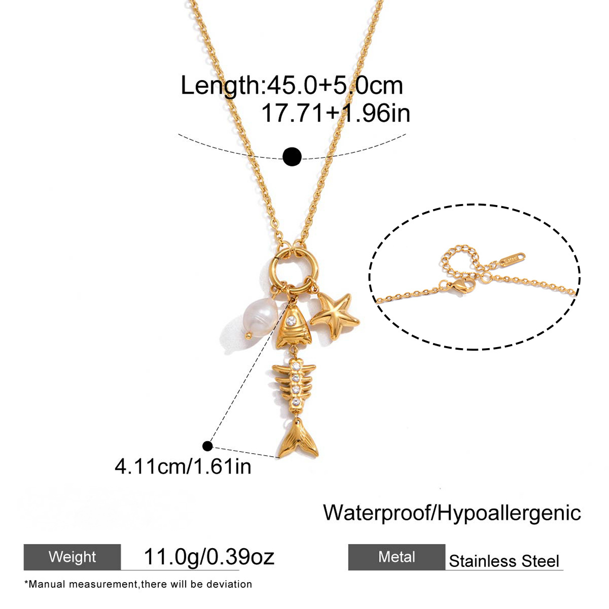 Stainless Steel Freshwater Pearl Fish Bone Pendant Necklace