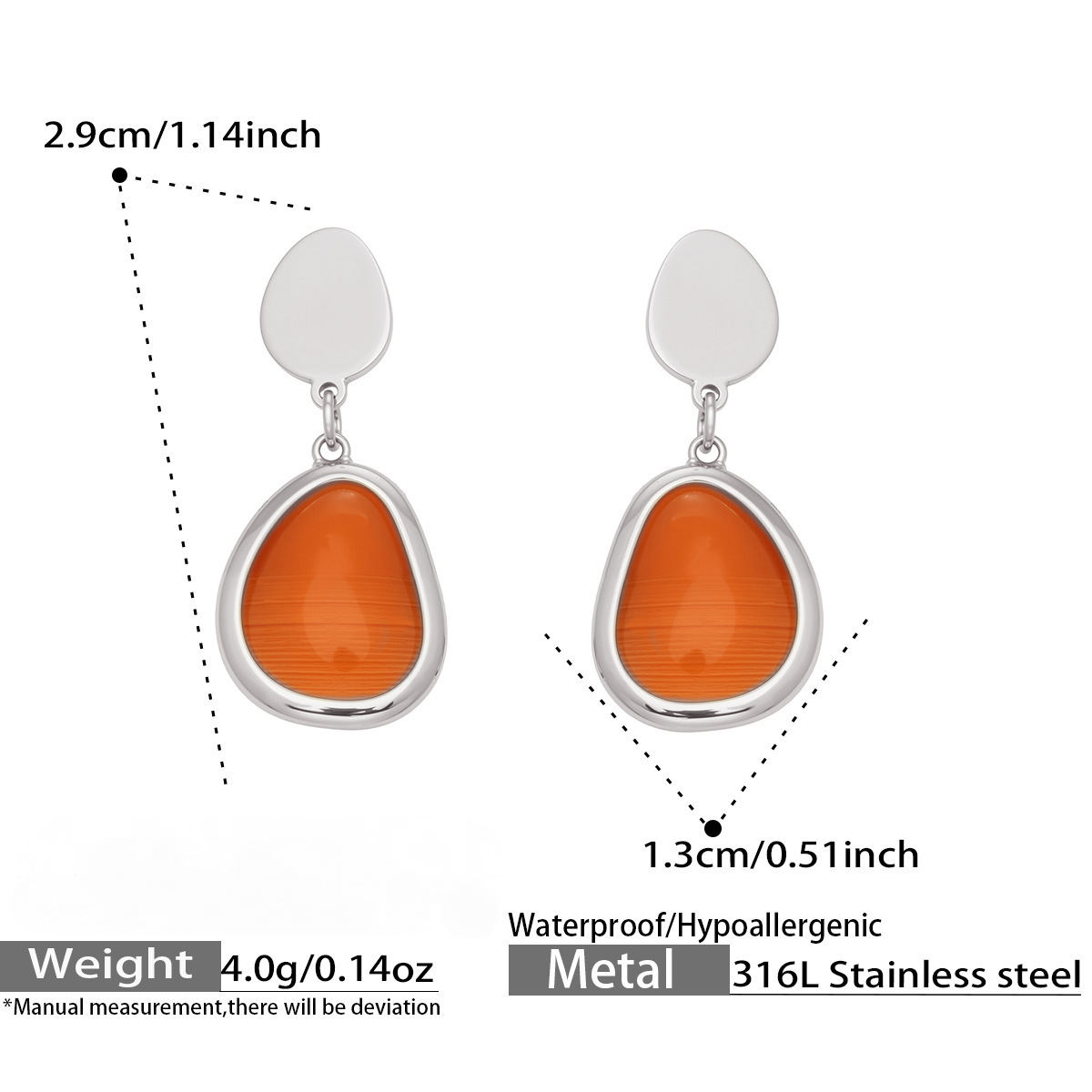 Stainless Steel Water Drop Cat's Eye Stone Necklace Earrings Bracelet Jewelry Set