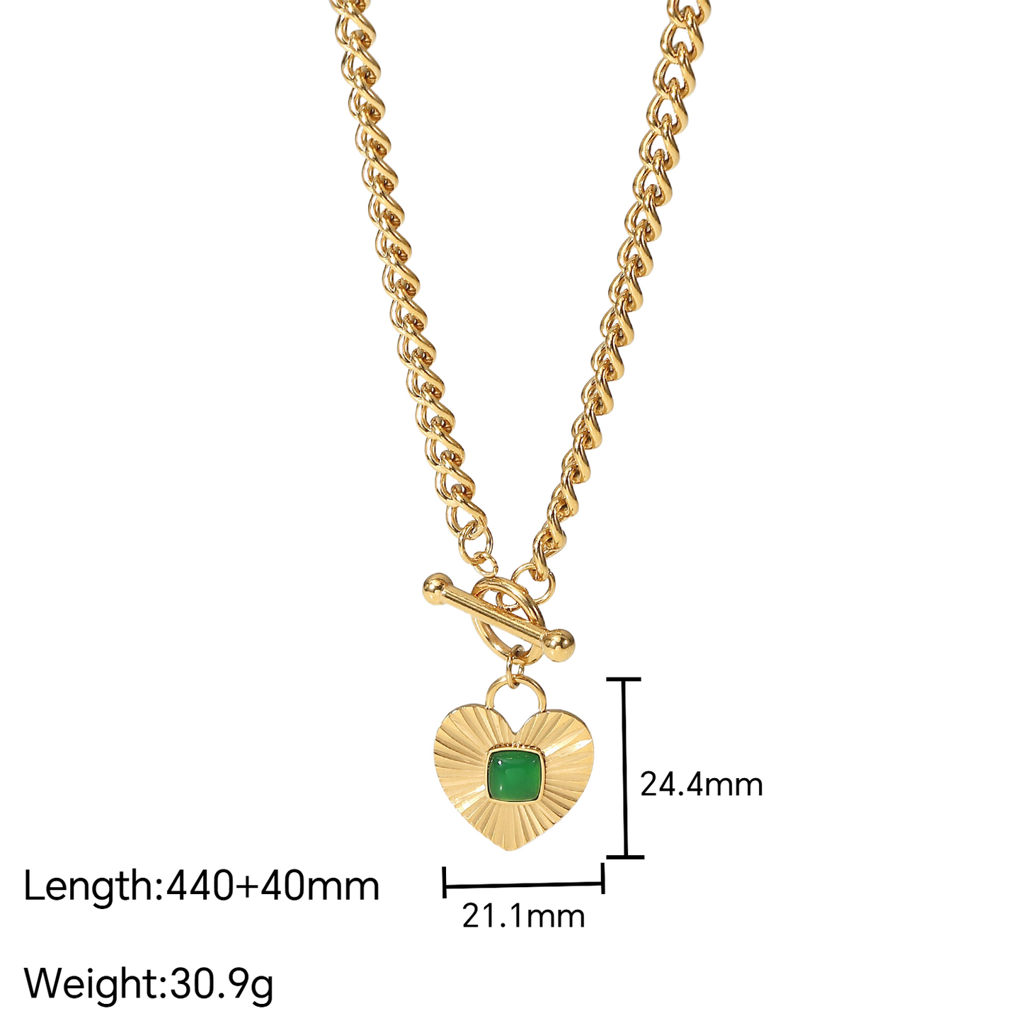 Stainless Steel Green Agate Heart-shaped Pendant OT Buckle Necklace