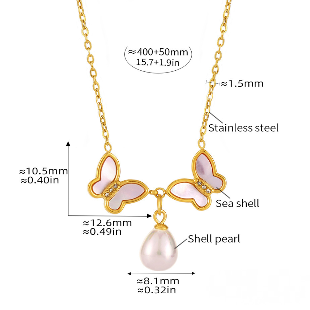 Butterfly Imitation Pearl Pendant Stainless Steel Necklace