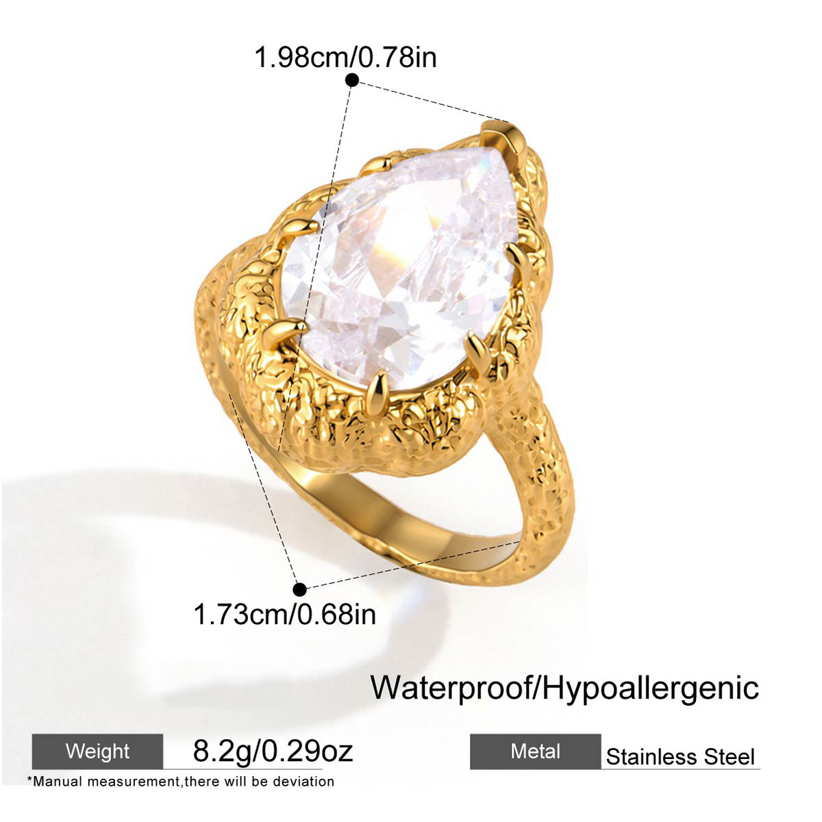 Stainless Steel Water Drop CZ Hammered Texture Ring