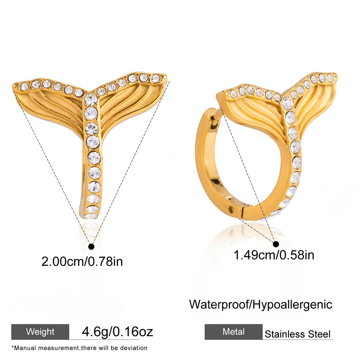 Stainless Steel Rhinestone Fish Tail Hoop Earrings