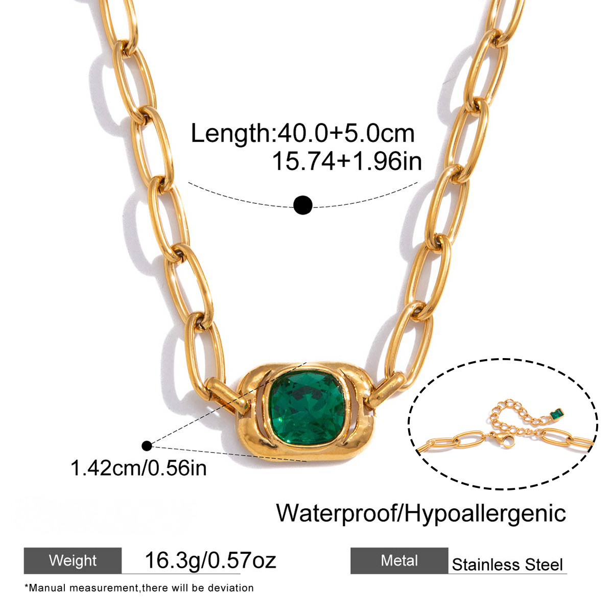 Stainless Steel Green Glass Square Pendant Necklace