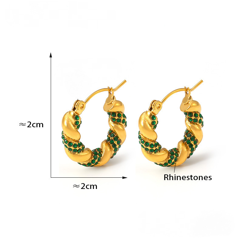 Stainless Steel Twist Shape Inlay Rhinestones Hoop Earrings