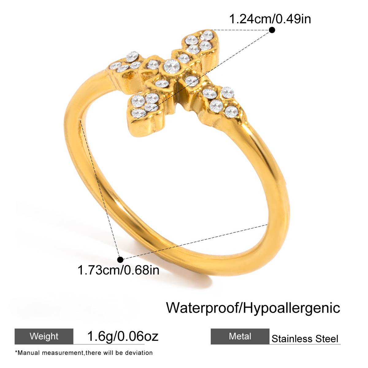 Stainless Steel 18K Gold PVD Cross Cubic Zirconia Ring