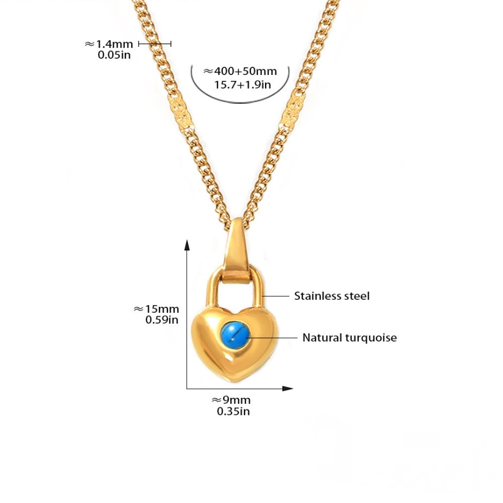 Stainless Steel Heart Lock Inlay Turquoise Pendant Necklace