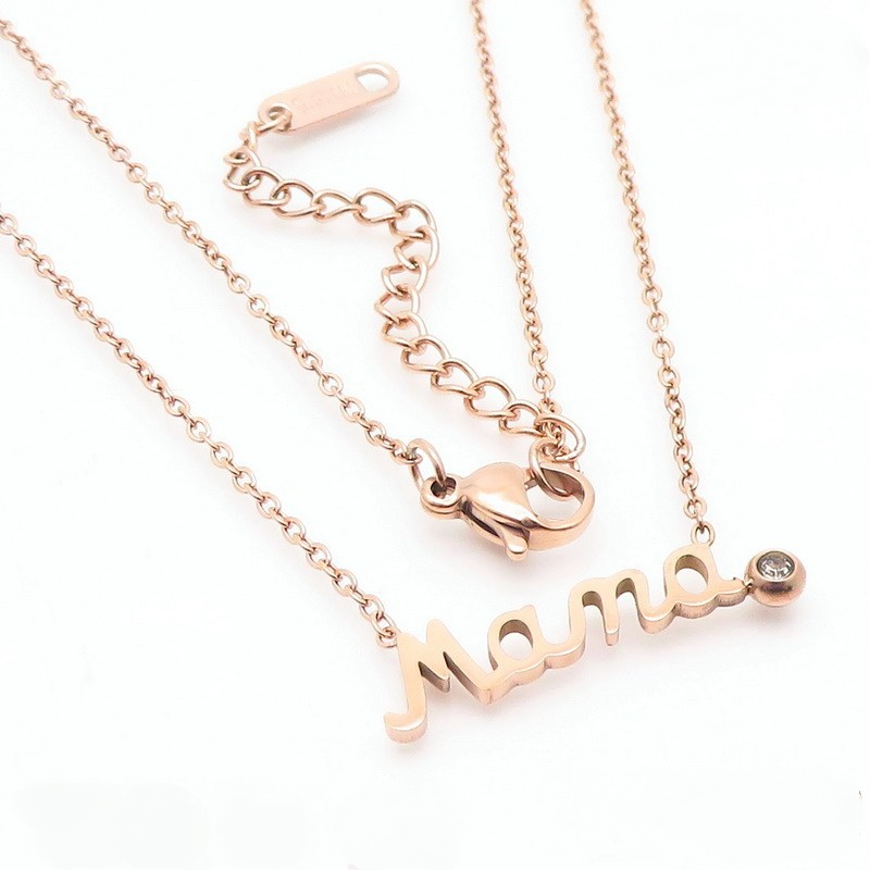 Stainless Steel Mama Letter Round Cubic Zirconia Pendant Necklace