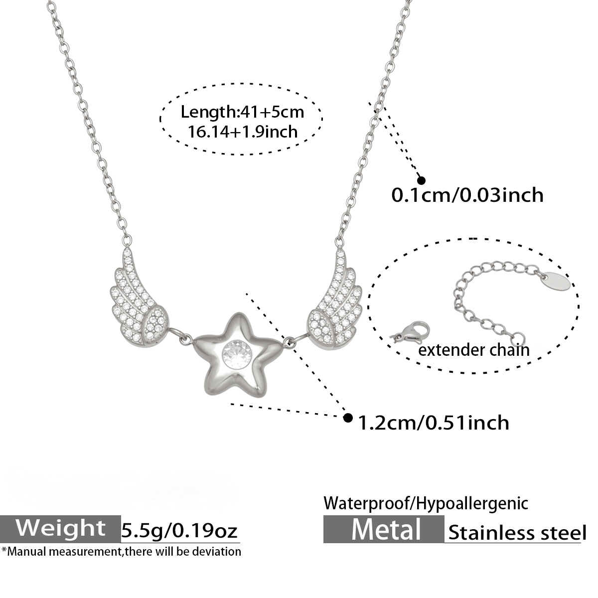 Stainless Steel CZ Star-shaped Wings Pendant Necklace