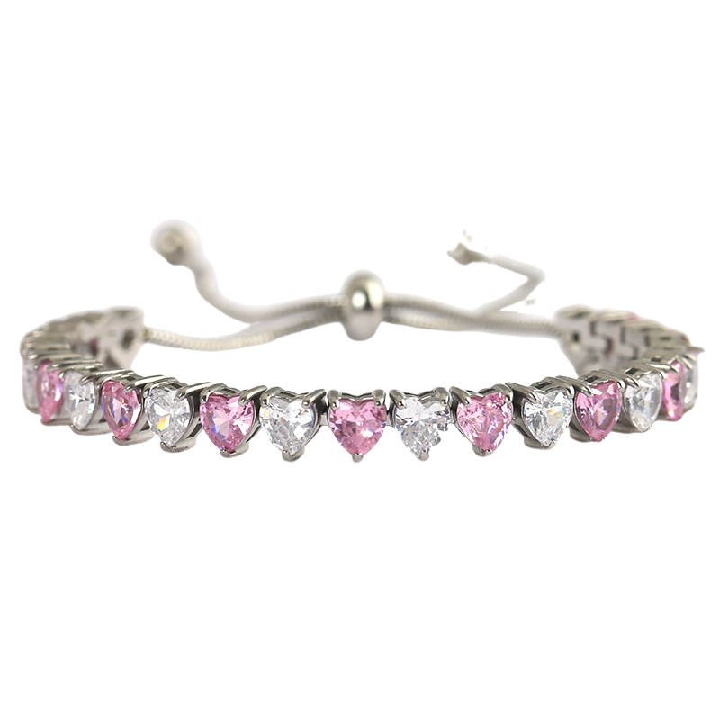 Stainless Steel Inlaid Heart CZ Adjustable Tennis Bracelet