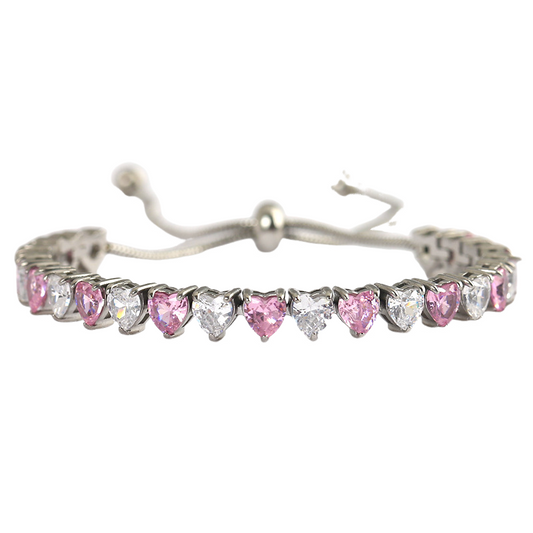 Stainless Steel Inlaid Heart CZ Adjustable Tennis Bracelet