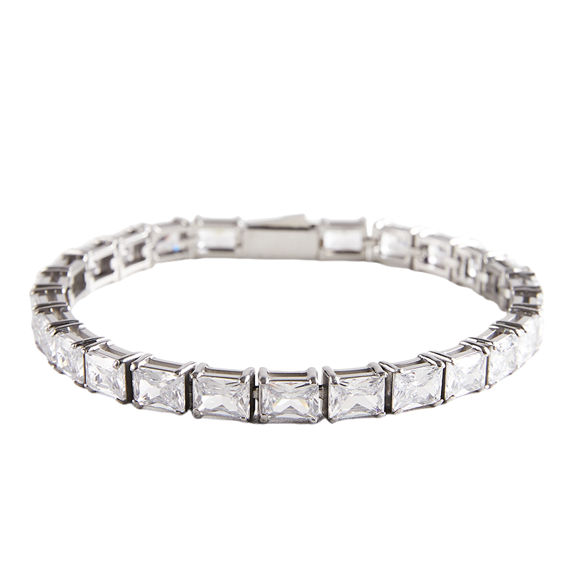 Mens Stainless Steel Rectangular Cubic Zirconia Tennis Bracelet
