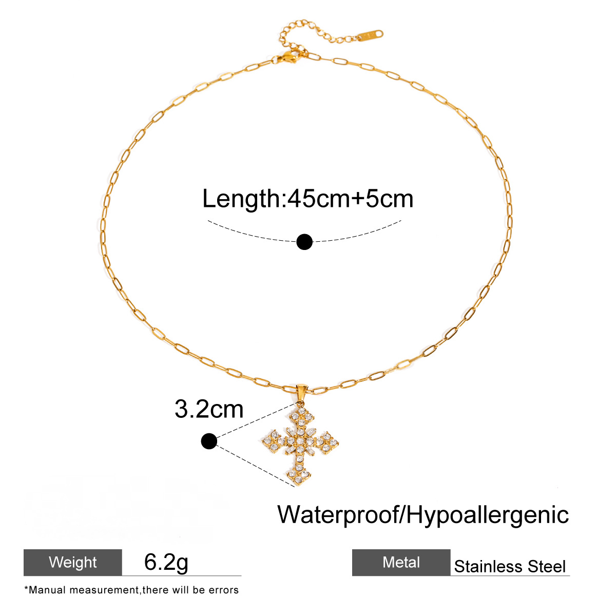 Stainless Steel White CZ Cross Pendant Necklace